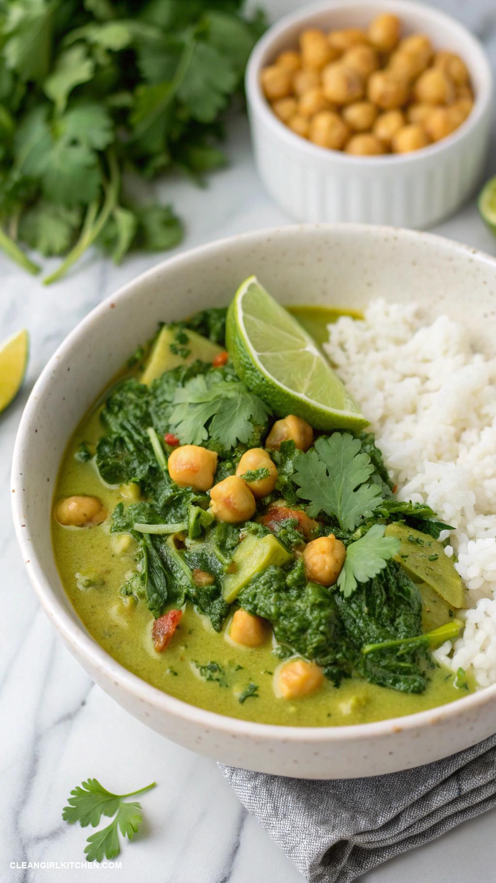 vegan lunch recipes Coconut Curry with Greens A comforting bowl of coconut milk based curry with spinach kale and chickpeas served over rice