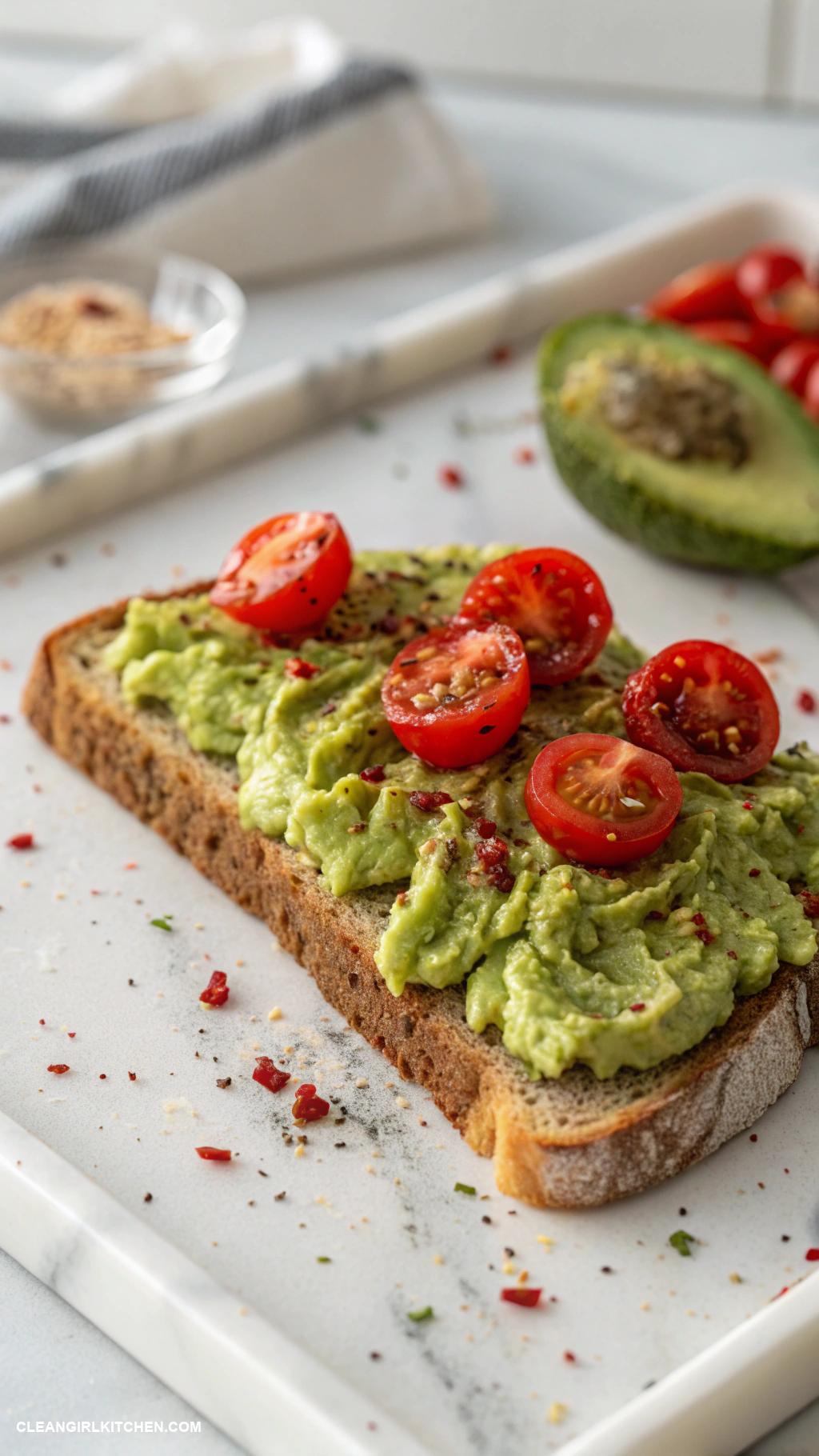 vegan lunch recipes Creamy Avocado Toast Whole grain toast topped with smashed avocado cherry tomatoes and a sprinkle of red pepper flakes