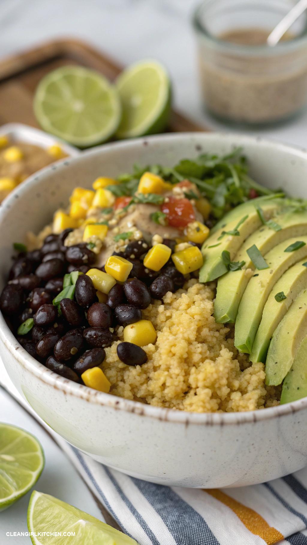 vegan lunch recipes Quinoa and Black Bean Bowl A hearty bowl of quinoa topped with black beans corn avocado and lime dressing