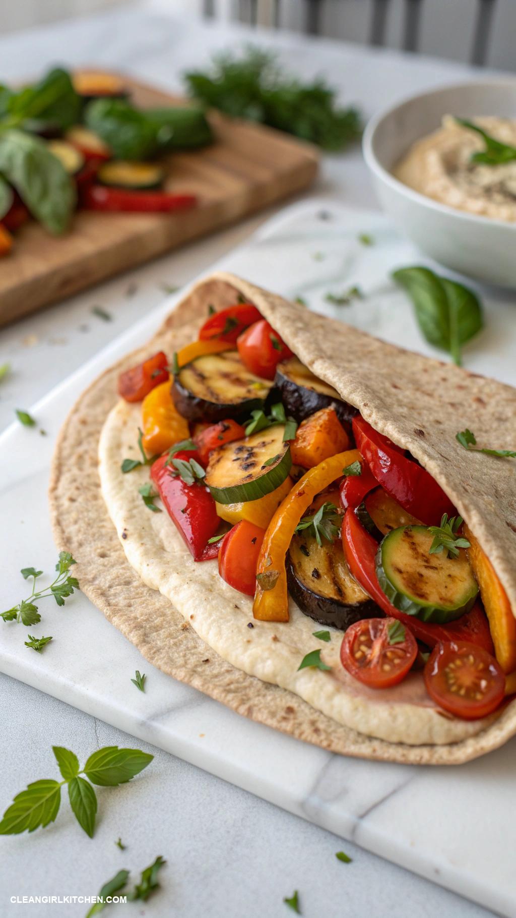 vegan lunch recipes Roasted Vegetable Wrap A whole wheat wrap filled with roasted seasonal vegetables and hummus