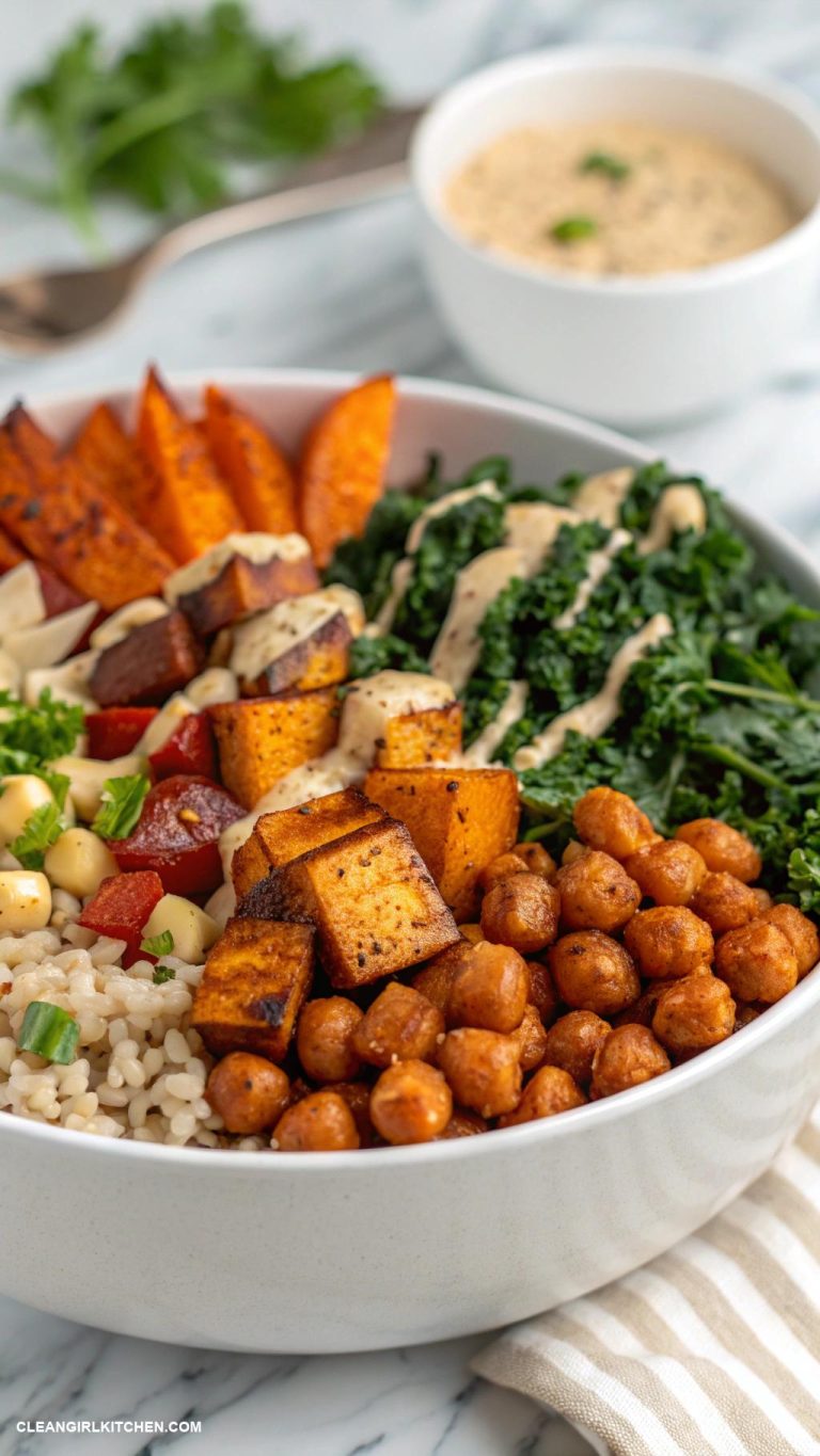 vegan lunch recipes Vegan Buddha Bowl A colorful bowl with brown rice roasted sweet potatoes kale chickpeas and tahini dressing