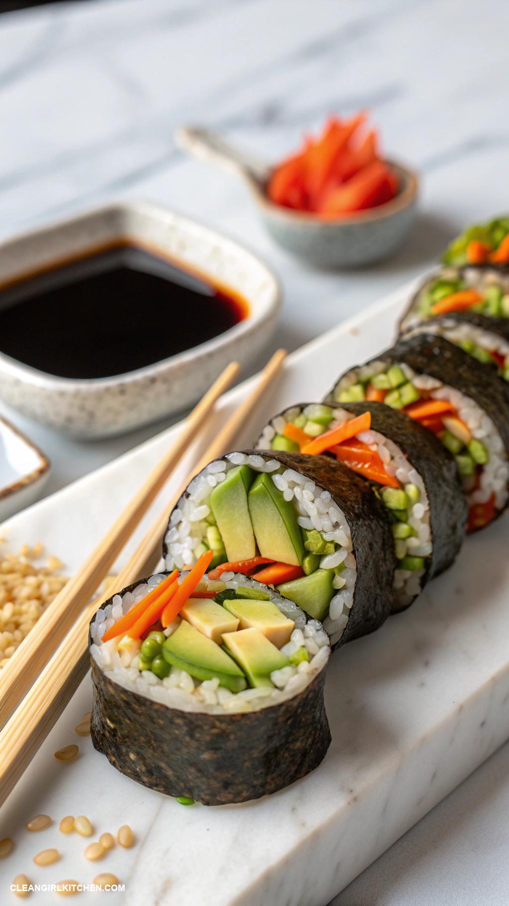 vegan lunch recipes Vegan Sushi Rolls Nori wraps filled with avocado cucumber carrots and brown rice served with soy sauce