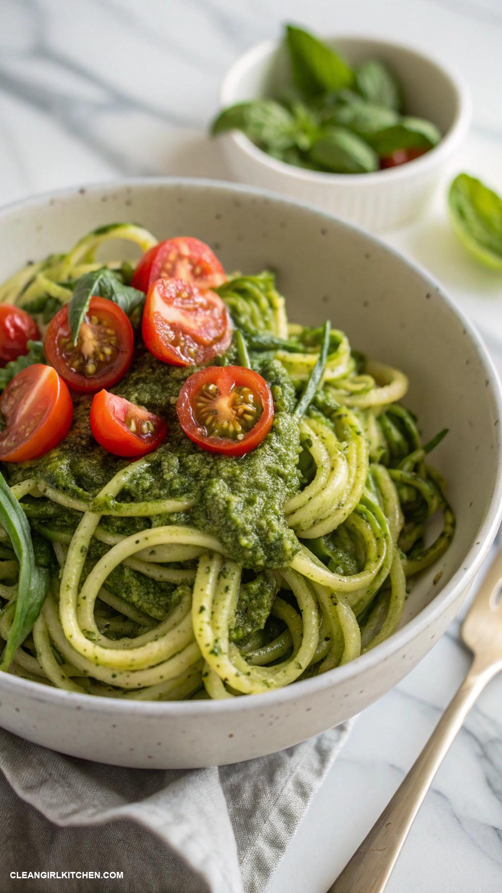 vegan lunch recipes Zucchini Noodles with Pesto Spiralized zucchini tossed with homemade basil pesto and cherry tomatoes