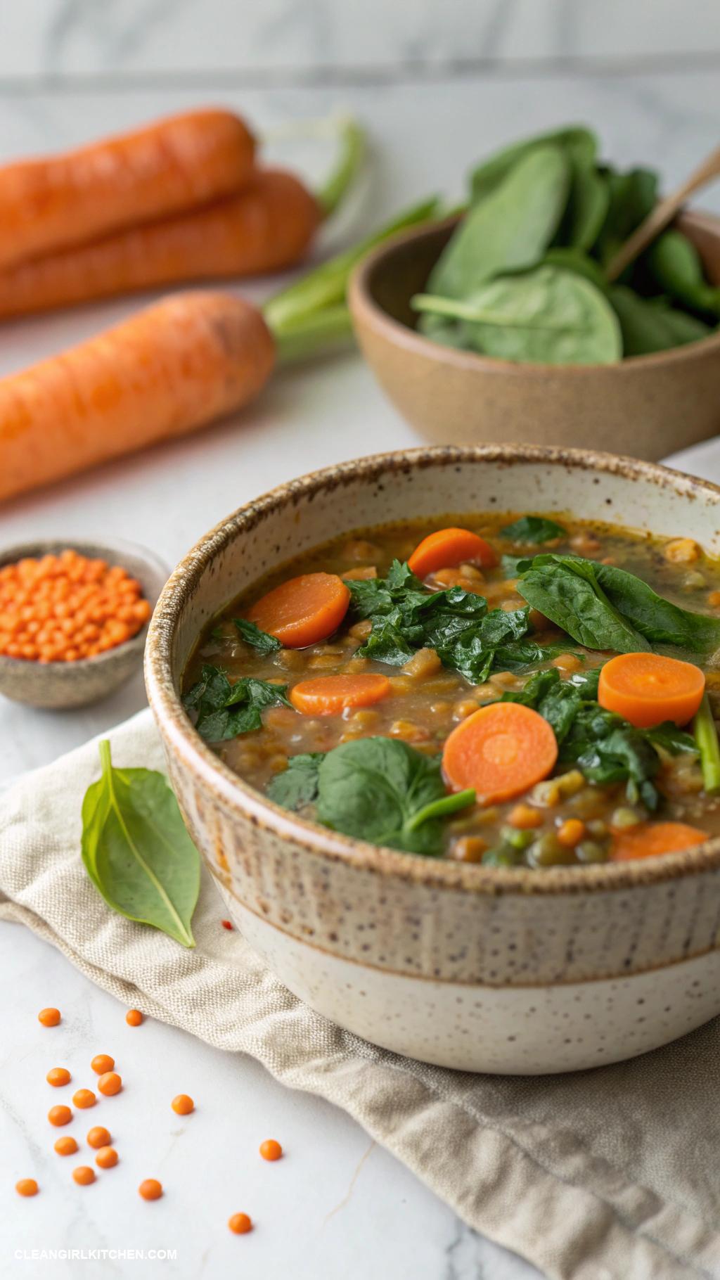 vegan recipes Lentil Soup with Spinach and Carrots