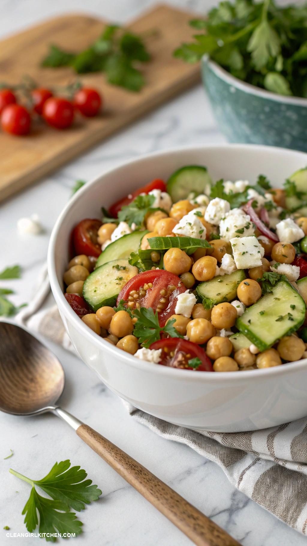 clean eating recipes Chickpea Salad with Cucumber and Feta Cheese