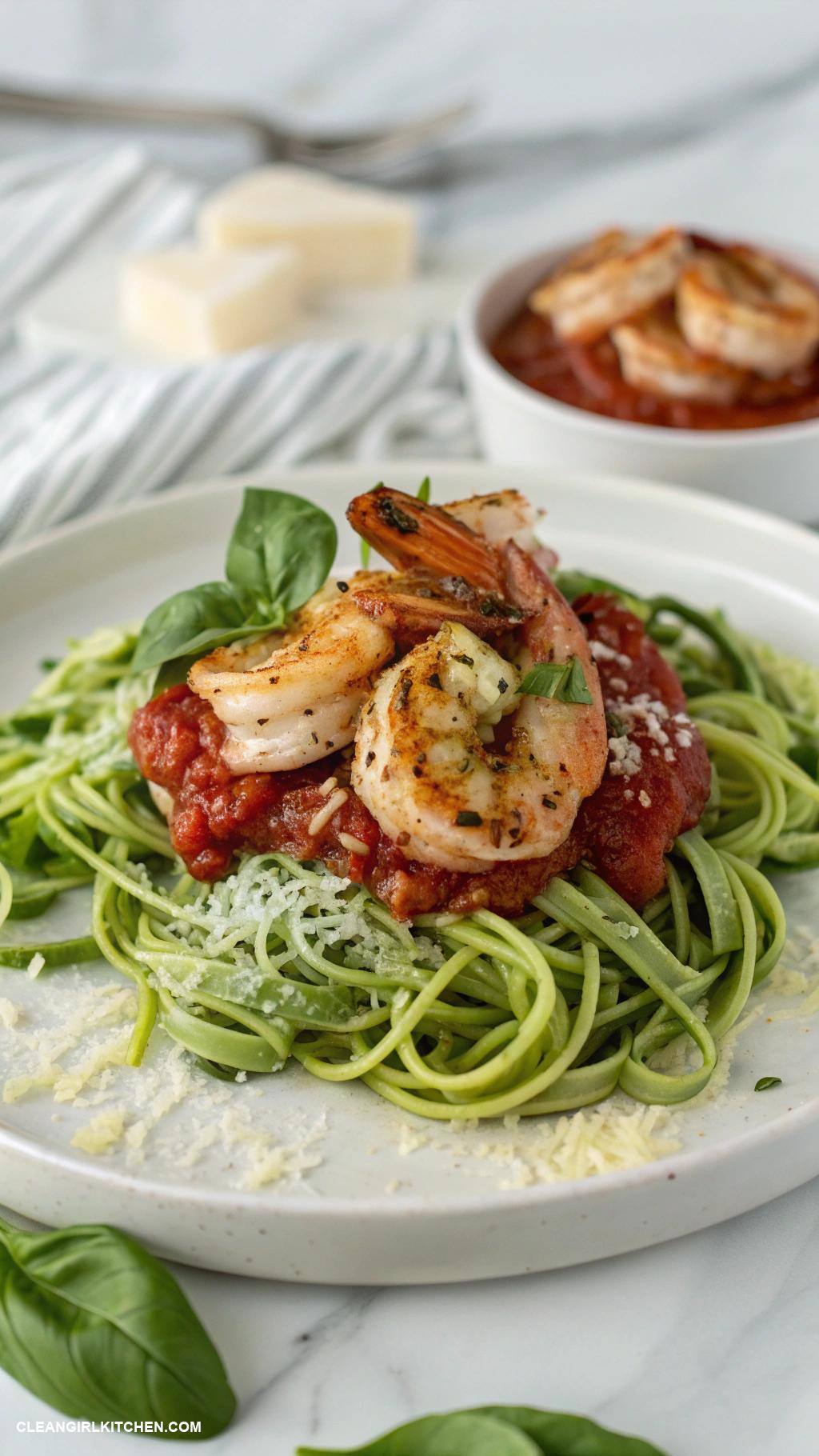 clean eating recipes Zucchini Noodles with Marinara and Grilled Shrimp