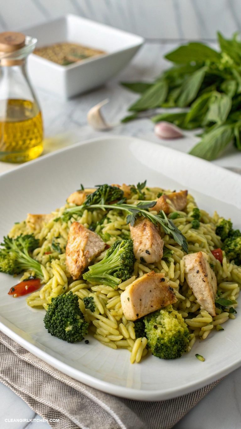 healthy chicken and broccoli orzo