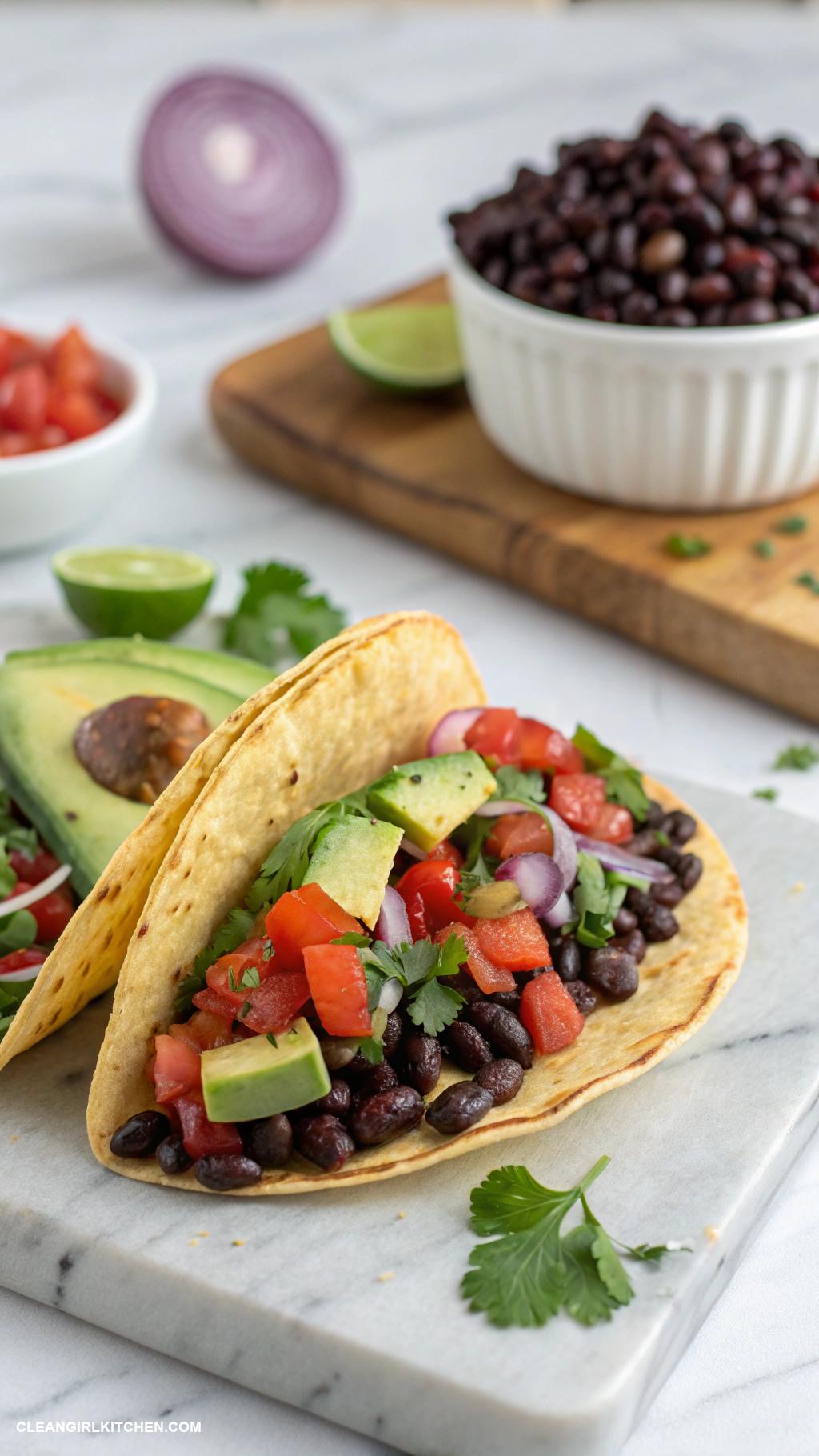 high protein vegan meals Black bean tacos with avocado and salsa