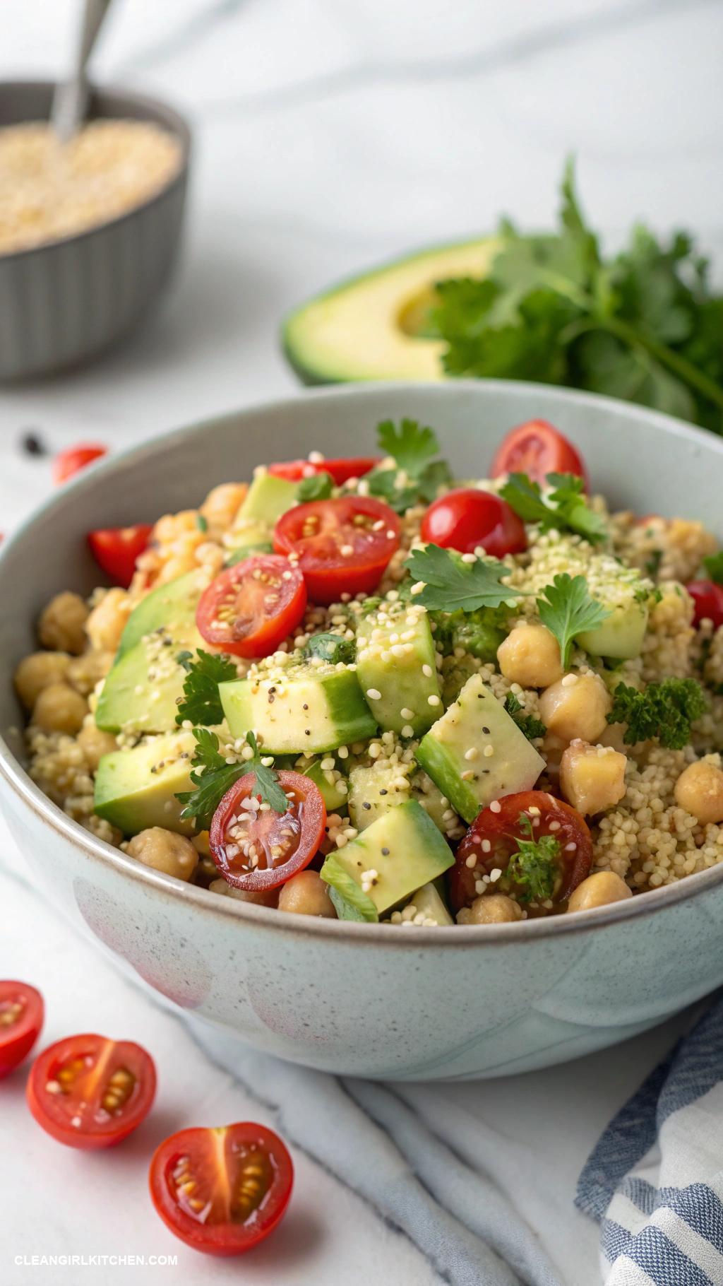 high protein vegan meals Chickpea salad with avocado and quinoa