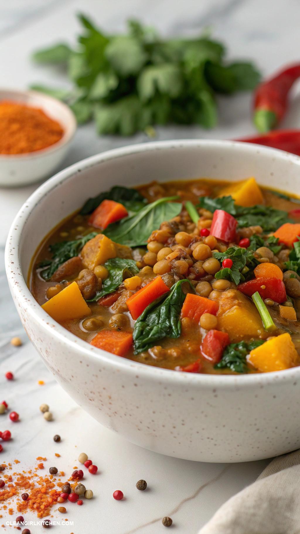 high protein vegan meals Lentil stew with vegetables and spices