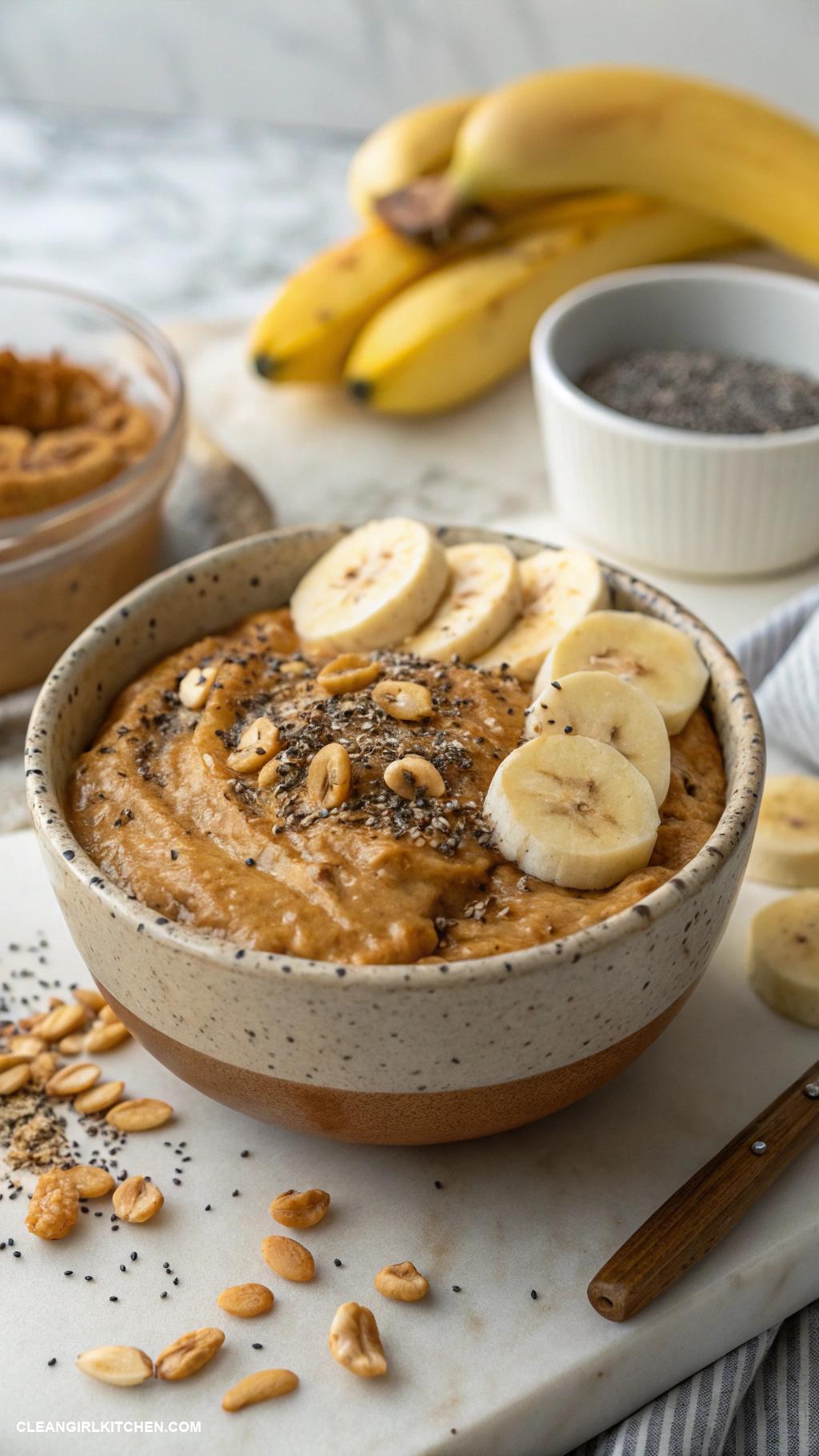 high protein vegan meals Peanut butter oatmeal with banana and chia