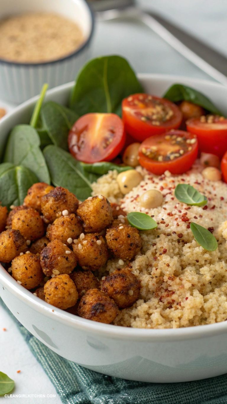 high protein vegan meals Quinoa bowl with roasted chickpeas and spinach