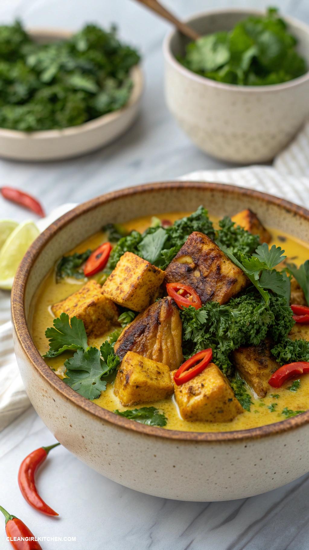 high protein vegan meals Tempeh curry with coconut milk and kale