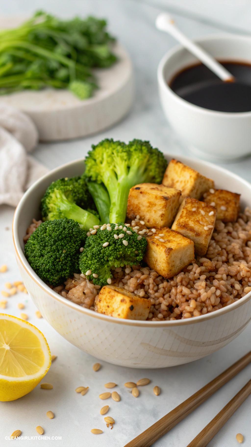 quick vegan meals Brown rice bowl with steamed broccoli and tofu