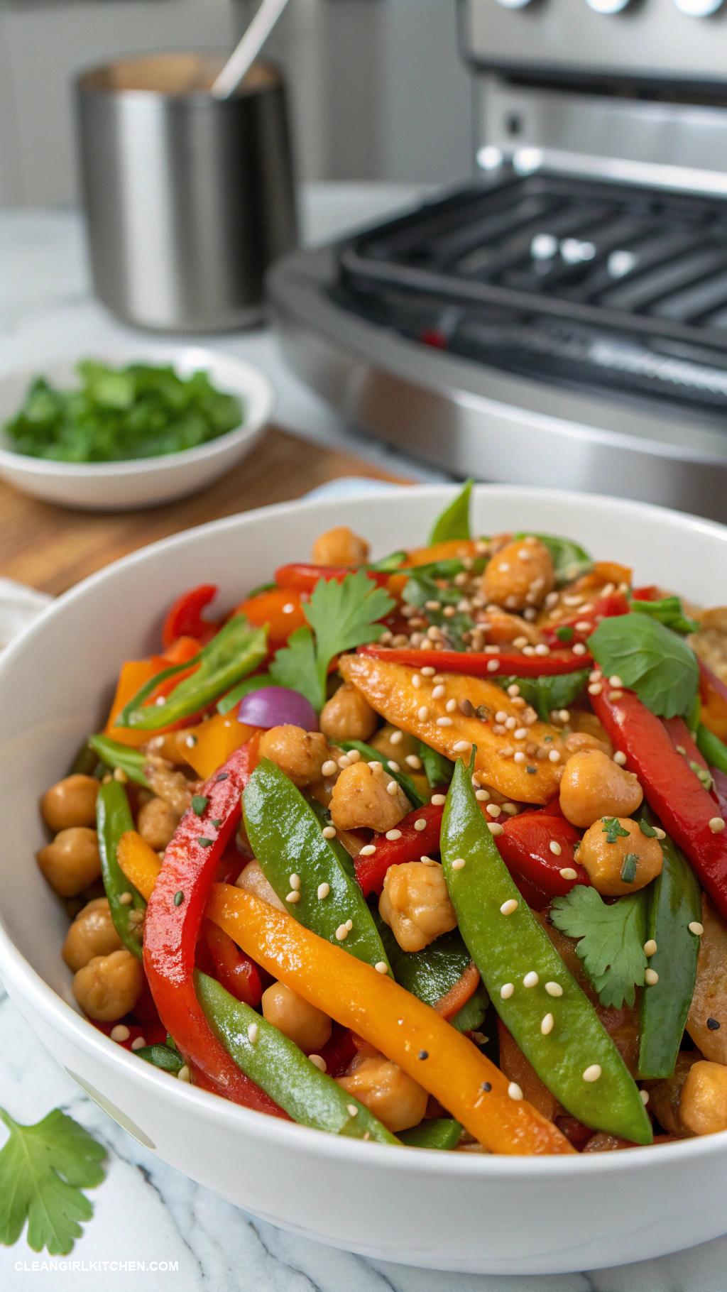 quick vegan meals Chickpea stir fry with vegetables and soy sauce