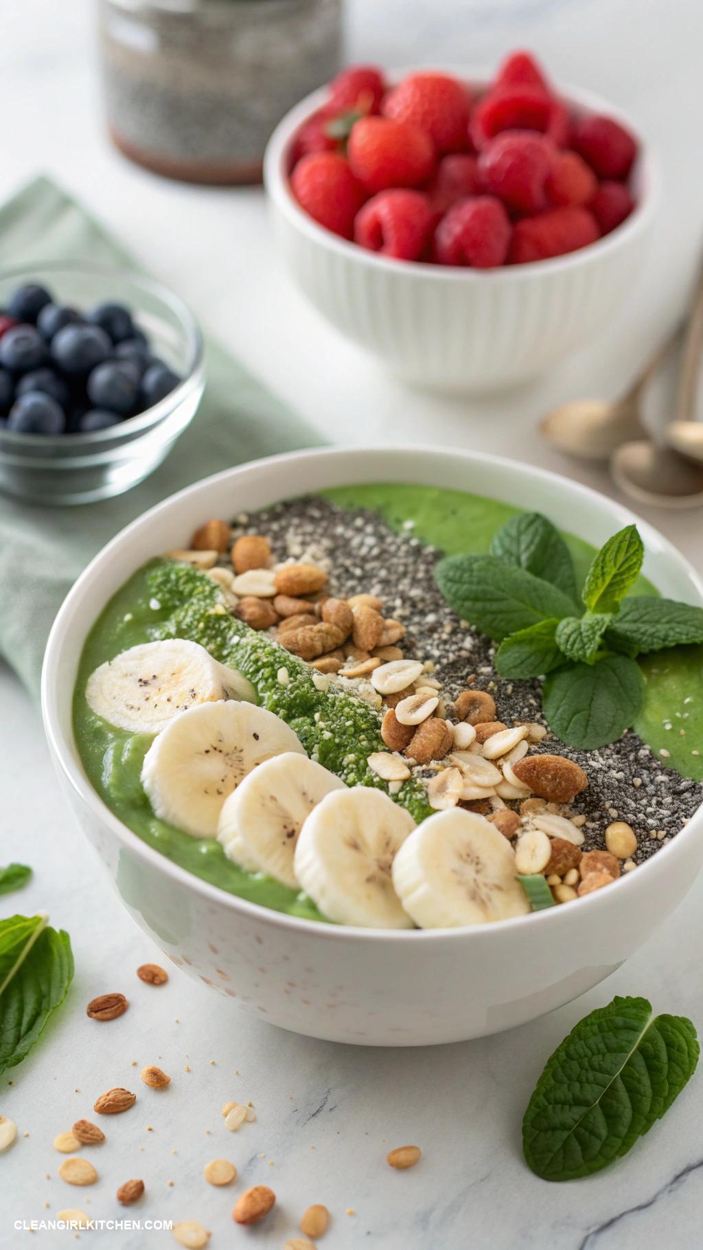 quick vegan meals Smoothie bowl with banana and spinach toppings