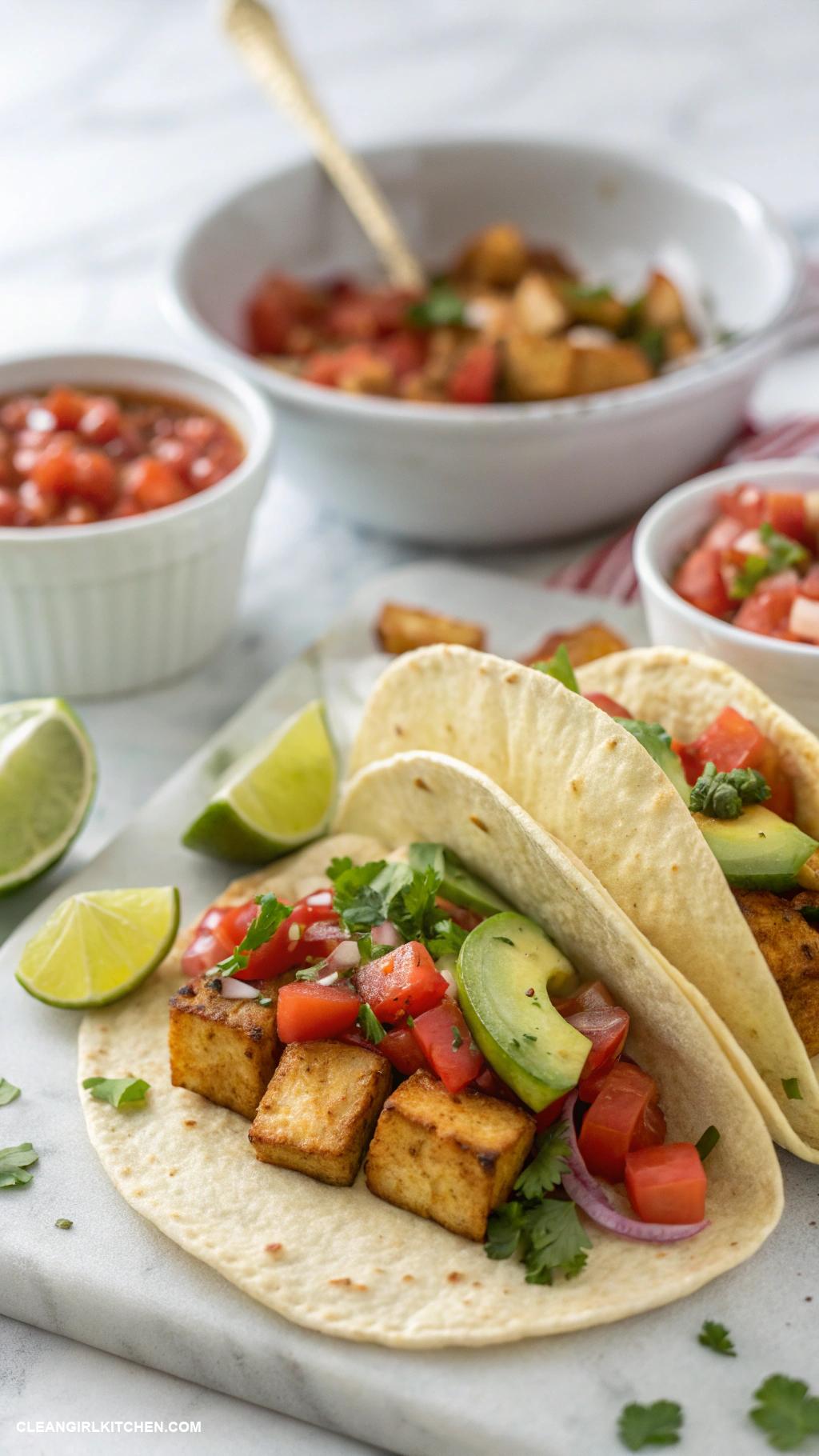 quick vegan meals Tofu tacos with salsa and fresh cilantro