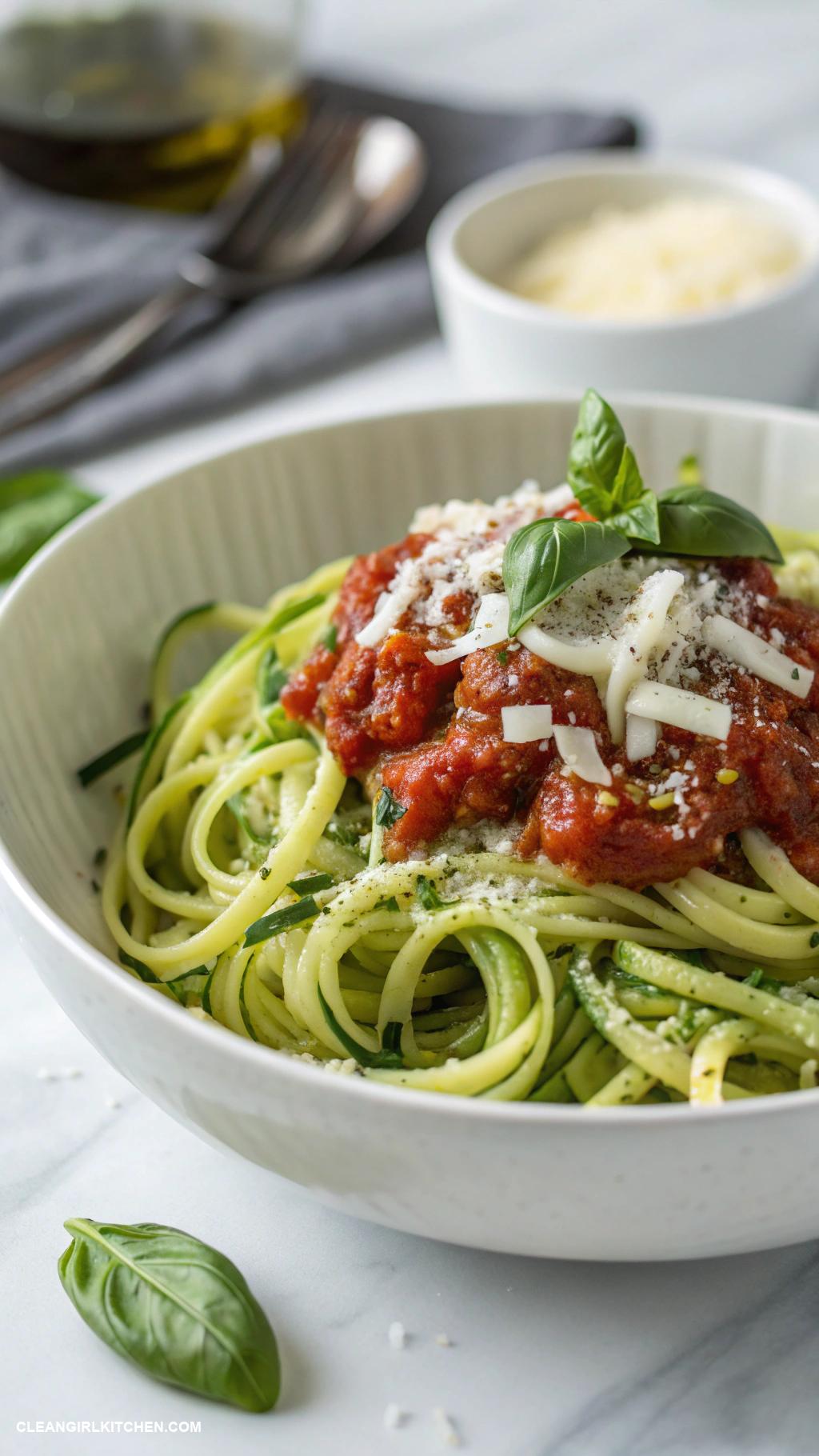 quick vegan meals Zucchini noodles with marinara sauce and vegan cheese