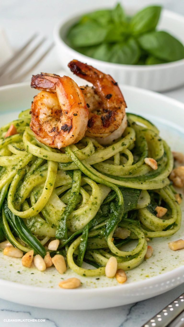 zucchini noodles with pesto and grilled shrimp