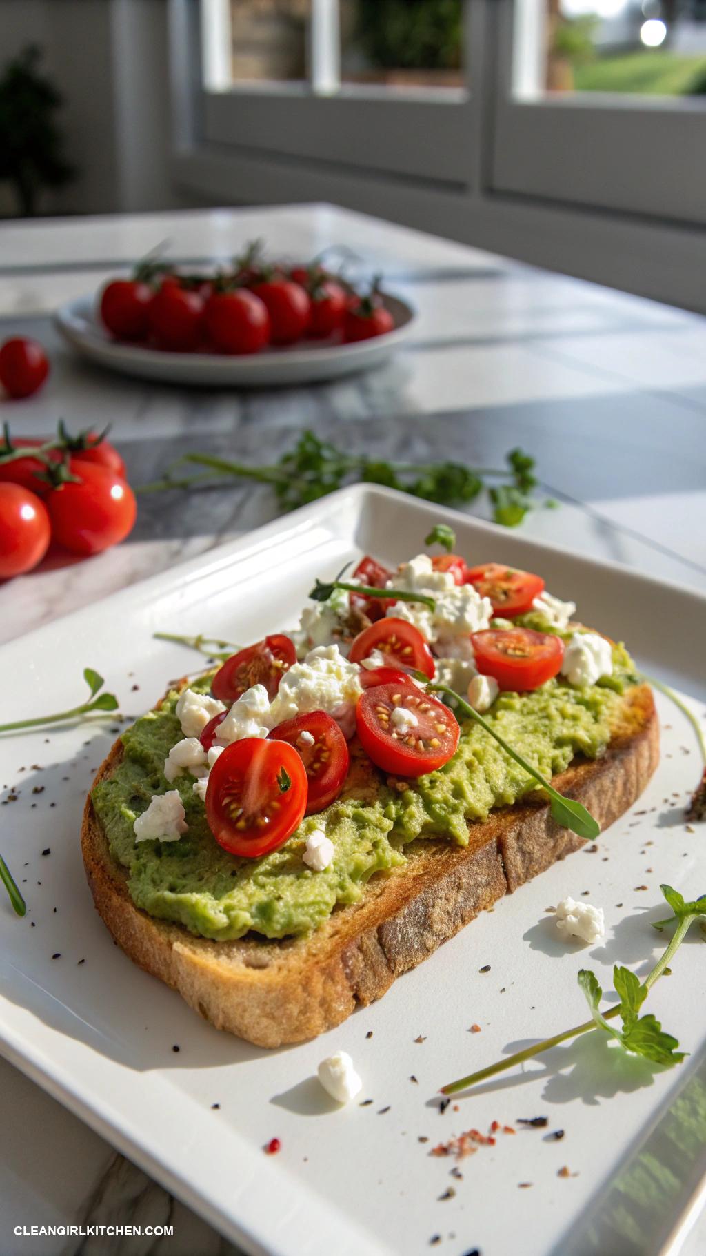 avocado toast with feta and cherry tomatoes