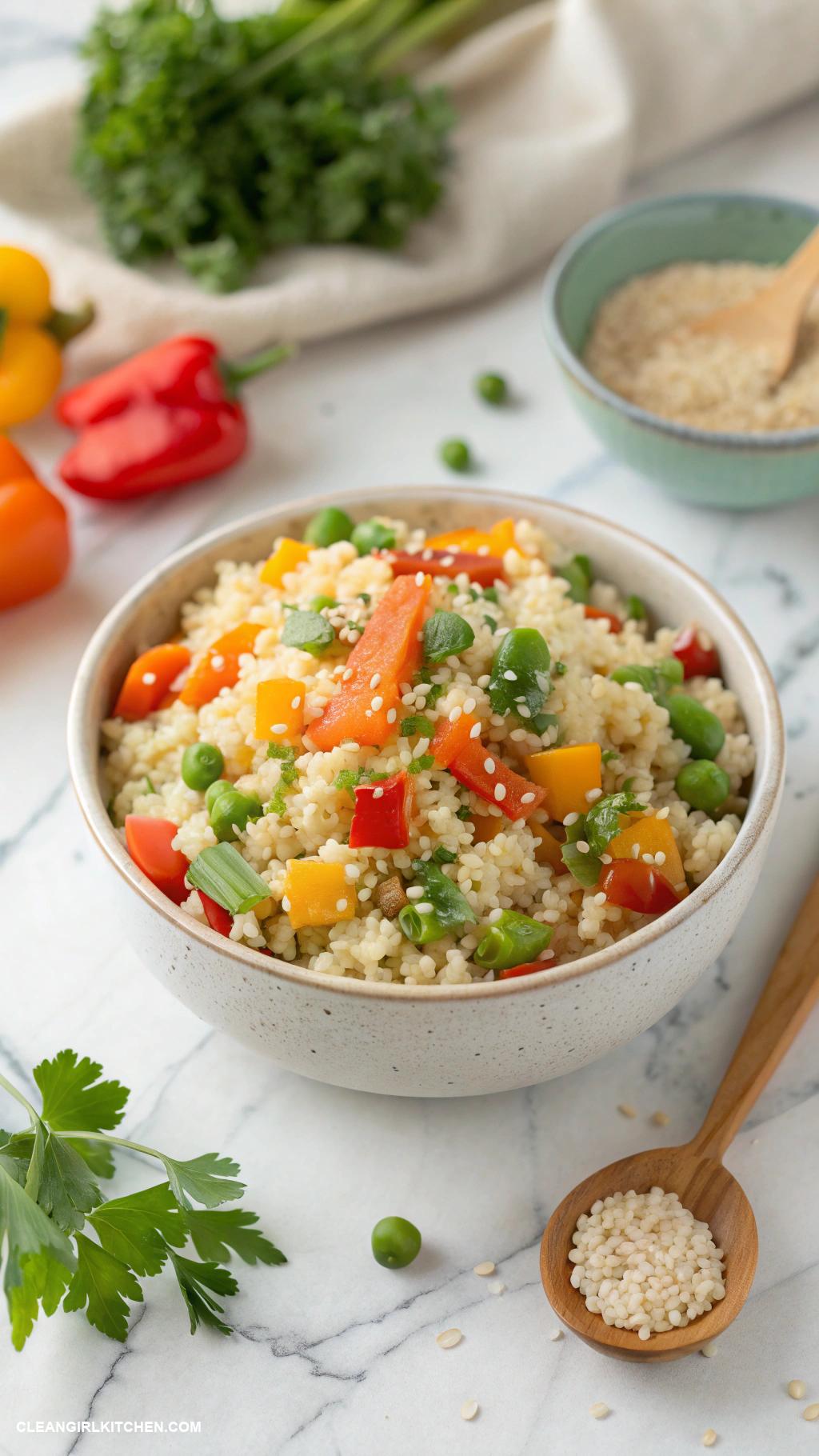 clean eating meals Cauliflower rice with vegetables and sesame seeds