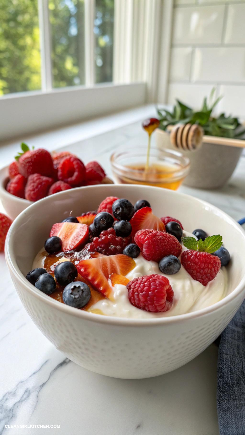 clean eating meals Greek yogurt with mixed berries and honey